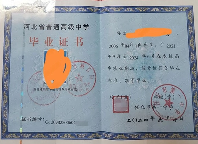 铜川任丘市第一中学高中毕业证样本图片